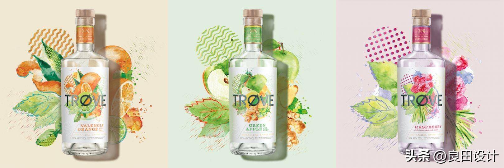 苹果主题插图手绘版:为新的低酒精、低热量烈酒品牌 TRØVE 创作的酒包装设计-第4张图片-太平洋在线下载